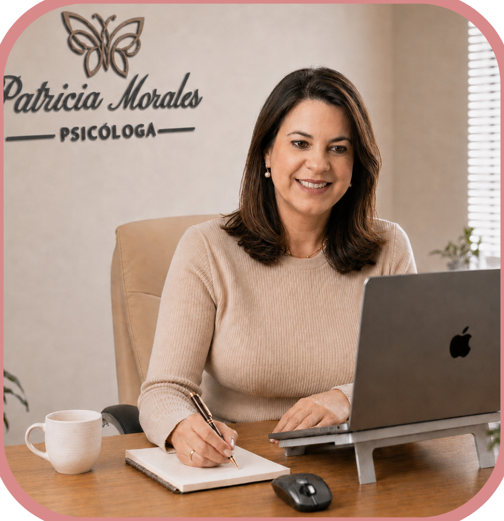 Patricia durante um atendimento online